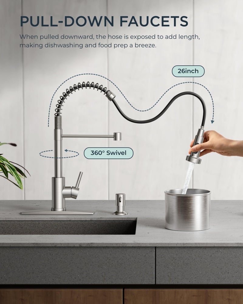 FORIOUS Kitchen Faucets, Brushed Nickel Kitchen Sink Faucet with Pull Down Sprayer, Commercial Kitchen Faucet Stainless Steel, Classic Single Handle Pull Out Sink Faucets for RV Laundry Utility Room - Image 2